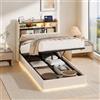 Poeahu Letto Contenitore 90x200 con Sommier LED e USB, Letto Singolo Contenitore con Spazio di Archiviazione Idraulico, Letti Singoli Imbottiti con Testiera portaoggetti, Telaio Letto per 1 Persona