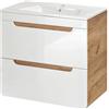 Lomadox Set di mobili da bagno con lavabo in ceramica da 61 cm, mobiletto sottolavello bianco lucido e rovere Wotan Nb., L/H/P circa 61/60,8/46 cm
