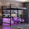 Wyibwy Letto a soppalco per bambini 140 x 200 cm,letto a castello matrimoniale 140x200 in metallo con prese USB e elettriche, con illuminazione a LED,scrivania,con sponde e scaletta,diversi ripiani,Nero