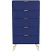 UEV Cassettiera a 5 Cassetti con Motivo a Linea, 60x34x110cm, Navy Blu | Cassettiera Stretta Salvaspazio da Portaoggetti, Settimino per Soggiorno Corridoio, Comò con Maniglie e Gambe Dorate