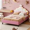 MINGZHE Lettino per bambini, 140 x 200 cm, letto matrimoniale, imbottito, con testiera regolabile a forma di corona, letto per ragazze, letto per ragazzi con rete a doghe, velluto rosa