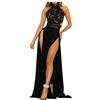 Generisch Abito da cocktail da donna, in pizzo nero, taglio svasato, a vita alta, elegante, con spacco laterale alto, Nero , M