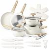 La Moustache - Batteria di Pentole Antiaderente 14 Pezzi con Accessori, Casseruole, Padelle, Coperchi in Vetro e Utensili + Set di 5 Coltelli in Acciaio Inox con Pelapatate, Effetto Marmo (Latte)