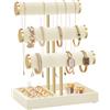 SONGMICS Porta Bracciali, Espositore per Gioielli, Portagioie con 3 Supporti per Braccialetti e Vassoio in Velluto, Porta Anelli Rimovibile, Bianco Crema e Oro Pallido JJS027W101