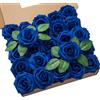 DuHouse 25 rose artificiali con steli fiori di rosa in schiuma per bouquet di nozze fai da te baby shower centrotavola decorazione casa (blu reale)