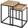 NMK HOME Tavolino da salotto 45x40 cm, set di 2 tavolini rettangolari effetto rovere Sonoma, gambe in metallo nero, bordo rialzato, salvaspazio per soggiorno e camera