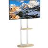 unho Supporto TV da Pavimento con Ruote Nascoste Legno Base Ripiano per 40-75 Pollici Peso Max 60kg Max VESA 600x400mm, Regolabile in Altezza, Doppia Colonna Bianco
