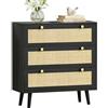 Skokliz Cassettiera a 3 cassetti con parte anteriore in rattan, moderna cassettiera per camera da letto, cassettiera grande, look naturale, con cassetti, 80 x 40 x 91 cm