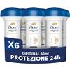 Dove Deodorante Crema, Profumazione Original, Antitraspirante, Protezione Fino a 24 Ore, Minisize da Viaggio, Formula Delicata, per Uomo e Donna, 6 Pezzi da 50 ml