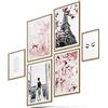 BLCKART Rose Paris - Set di immagini per poster, quadri da parete, elegante, double face, con rose naturali, ideale come decorazione, misura M: 4 formati A4 e 2 formati A5, senza cornice, rosa