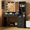 TRIUMPHKEY Toeletta Trucco con Specchio e Luci,Tavolo da Toilette con Cassetti, Postazione Trucco con Ripiani Aperti, Ganci per Gioielli e Presa Elettrica per Camera da Letto,Moderno (Nero)