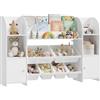 WOLTU Libreria Montessoriana per Bambini, Scaffale con 2 Armadietti e 6 Contenitori Rimovibili in Plastica, per Cameretta e Soggiorno, in Legno, 135,8x29,8x90 cm, Bianco