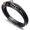 HALUKAKAH Plus ● Vela ● Bracciale Uomo in Vera Pelle Cuoio Fatto a Mano Treccia Ancora Chiusura Magnetica Titanio Acciaio Opaco Nero Taglia Regolabile 8.46-9(21.5-23cm) con Pacco Regalo Gratuita