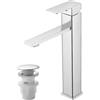 Vuadzren Rubinetto alto per bagno con scarico, miscelatore monocomando per lavabo, in acciaio inox (1, alto cromo)