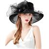 ELLYDOOR Cappello da donna Kentucky Derby Organza Fascinator Chiesa Cappello da cerimonia nuziale Tea Party Cappello a tesa larga, 14 nero, Taglia unica
