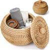 Uanqfegy Cesto in vimini con coperchio rotondo, piccola ciotola multiuso in rattan, organizer decorativo per mensole, decorazioni per il bagno di casa