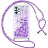 Vauki Cover per Samsung Galaxy A13 4G con Cordino, Trasparente Glitter Liquido Antiurto Brillantini Tracolla Custodia, Silicone Bumper Laccio Sabbie Donna Protettivo Case per Samsung A13 4G, Viola