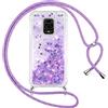 Vauki Cover per Xiaomi Redmi Note 9 Pro/9 Pro Max/9S 4G con Cordino, Trasparente Glitter Liquido Antiurto Brillantini Tracolla Custodia, Silicone Bumper Laccio Sabbie Donna Protettivo Case, Viola