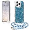 LCHULLE Glitter per iPhone 16 Pro Max Cover con Cordino Regolabile,Blu | Brillantini Custodia con Tracolla, Cover glitterata con Rimovibile Catena,Glitter Transparent TPU Bumper, Silicone Case