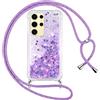 Vauki Cover per Samsung Galaxy S24 Ultra con Cordino, Trasparente Glitter Liquido Antiurto Brillantini Tracolla Custodia, Silicone Bumper Laccio Sabbie Donna Protettivo Case per Samsung S24Ultra,Viola