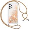 Vauki Cover per Samsung Galaxy A52s 5G/A52 4G/5G con Cordino, Trasparente Glitter Liquido Antiurto Brillantini Tracolla Custodia, Silicone Bumper Laccio Sabbie Donna Protettivo Case, Oro