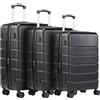 DUMOS Set di 3 valigie rigide Hard Shell Basic, valigetta rigida per bagagli, valigia da viaggio, valigia a rotelle, 4 ruote, manico telescopico, Nero, Modern-02