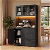 Xbro Credenza Cucina con LED e Presa Integrata, Coffee Station con Vano Microonde, Mobile Dispensa Salvaspazio con 5 Ante 3 Cassetti e Ante in Vetro, per Cucina Sala da Pranzo Soggiorno, 100x40x180 cm