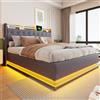 HOXINBLY Letto Matrimoniale con Contenitore 160x200 cm con LED e USB, Letto imbottito una piazza e mezza con Testiera e Vano Portaoggetti,con rete a doghe, Struttura in tessuto di lino Grigio.