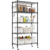 Himimi Scaffale con ruote, in metallo su ruote, regolabile in altezza, con 5 ripiani e ganci, per cucina, dispensa, cantina, 35 x 76 x 158 cm, nero
