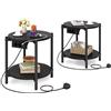 IRONCK Tavolino, Tavolino Rotondo con Multipresa, piccolo tavolino da divano, Tavolino Salotto 2 Ripiani, porta USB e tipo C, Comodino per camera da letto Balcone Patio (Nero, 2 pezzi)