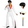 Ulikey Elvis Presley Costume, 6 Pezzi Costume Disco Anni 70 Uomo con Parrucca Elvis, Occhiali da Sole, Microfono, Sciarpa Rossa, Cintura Bianca Vestiti Rock Uomo per Carnevale, Festa Cosplay (L)