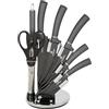KASANOVA Set 5 coltelli grigi con forbici, affilacoltelli e stand