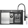 CECIPA Lavello Cucina Nero (Antracite) con Rubinetto Molla Nero, 70x45 cm Lavandino Cucina 1 Vasca con Dispenser Sapone, Lavabo Cucina con Vasca Mobile e Tagliere