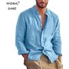 ANIMAL GAME Camicia a maniche lunghe in tinta unita da uomo nuova Camicie in cotone di lino Tendenza Taglie forti Colletto alla coreana Top da spiaggia leggeri casual
