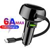 Twitch Caricabatterie USB multifunzione 6A per auto con ricarica rapida e cavo Type-C retrattile per iPhone, Samsung, Huawei, Xiaomi.