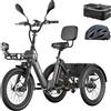 Fafrees Triciclo Elettrico per Adulti e Anziani Rimovibile Batteria 48V 25Ah E-Bike a 3 Ruote Pieghevole, Sensore di Coppia, Carico 180kg, Specchietti, Freni Idraulici e Frecce, Nero, Borsa Posteriore