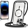 Coiwxmoi Magnetica Cover per iPhone 14 Pro Max 6.7 con Cordino Regolabile, Compatibile con MagSafe,Trasparente Custodia con Collana Tracolla Laccio Collo TPU Silicone Lanyard Case Antiurto,Nero
