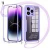 Jrkvniv Cover per iPhone 14 Pro Max con Cordino,360 Gradi Trasparente Custodiacon con Protezione Schermo Integrata,Bumper Rugged Custodia con Regolabile Tracolla Corda Collana per 6.7-Viola