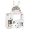 Luxstein Toeletta Bambini con Sgabello e Specchio a Orecchie di Coniglio, Tavolo Trucco Bambina 2 in 1 Scrivania, 1 Cassetto 6 Scomparti e Ripiano, Mobile in Legno MDF per Cameretta 3-12 Anni, Bianco