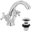 HEXMIXER Victoria 662WCR - Rubinetto per lavabo con tappo per lavabo a doppia leva a croce, in ottone cromato, a collo di cigno