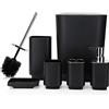JOTOM Set di 6 accessori da bagno in plastica di lusso con cestino, spazzola per WC, porta spazzolini, bicchiere, portasapone, erogatore di sapone, regalo (nero)
