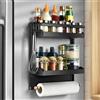 aceyoon Portaspezie Magnetico per Frigorifero, Portaspezie Salvaspazio Capacità di Carico con Porta Rotolo da Cucina e 4 Gancio, Multifunzione Mensola Magnetica Frigorifero, Nero