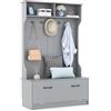 COSTWAY Armadio con Appendiabiti Multifunzionale, con Panca 5 Ganci Doppi, Organizzatore di Casa Indipendente per Ingresso Camera da Letto, 100x39x160 cm (Grigio)