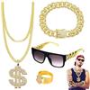 WYRGQIQN Rapper Costume Hip Hop Accessori, Rapper Accessori 5 Pezzi Set, Gangster Gioielli Rapper 80/90, Simbolo del Dollaro, Collana D'oro, Occhiali da Sole, per Costume da Carnevale Festa