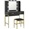 Tavolo Da Trucco Con 2 Cassetti, 6 Ripiani, Specchio E Sgabello, In Legno E Acciaio, 90x45x132.5 Cm, Nero