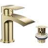 VeeBath Rubinetto miscelatore monocomando per lavabo, design con bordi arrotondati, finitura in ottone spazzolato, ingresso G1/2 con piletta pop-up, leva singola, montaggio su piano, rubinetto