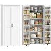 HOMCOM Credenza Cucina Alta 180cm, Mobile Dispensa con Ruote, Doppie Ante, 6 Ripiani, 14 Scomparti Portaspezie sulla Porta, Ripiani Regolabili, Mobile Cucina per Sala da Pranzo Soggiorno, Bianco