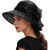 IZUS Cappello da Sole da Donna in Paglia Francese a Tesa Larga con Motivo Floreale in Pizzo a Pois, Nero, M
