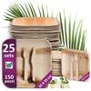 Set Piatti in Foglia Di Palma E Posate in Legno - 25 Grandi, 25 Dessert, 50 Forc