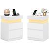 VASAGLE KAILYN Collezione - Comodini con Multipresa, Set di 2, Tavolini con Piano Scorrevole, 2 Cassetti, Striscia LED, Stile Moderno, 35 x 40 x 55 cm, Bianco Neve LET840WB01